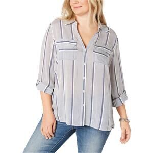 NWT INC International Concepts Women's Blue White Stripe Button-Up Shirt Size L